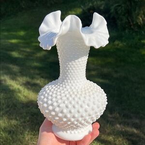 VTG Fenton Large White Milk Glass Hobnail Double Crimped Ruffle Vase